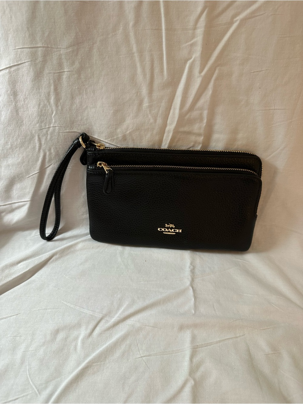 Coach Black Leather Double Zip Wristlet with Gold Hardware